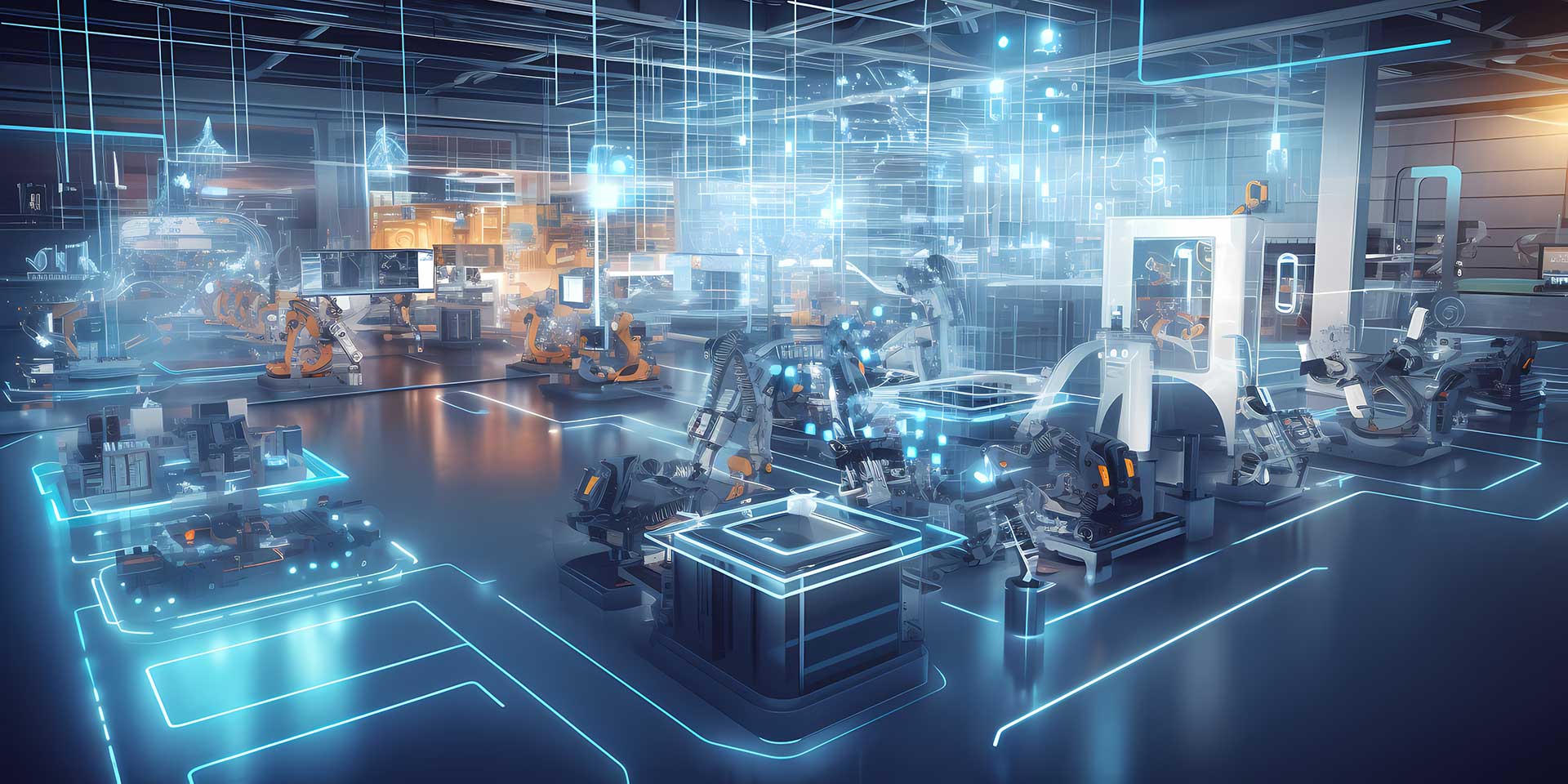 Ein KI-generiertes Bild einer Fabrik. Es gibt keine Menschen mehr, nur noch Roboter. Die Szene ist durch viele Lichtschreifen ausgeleuchtet um futuristisch auszusehen.